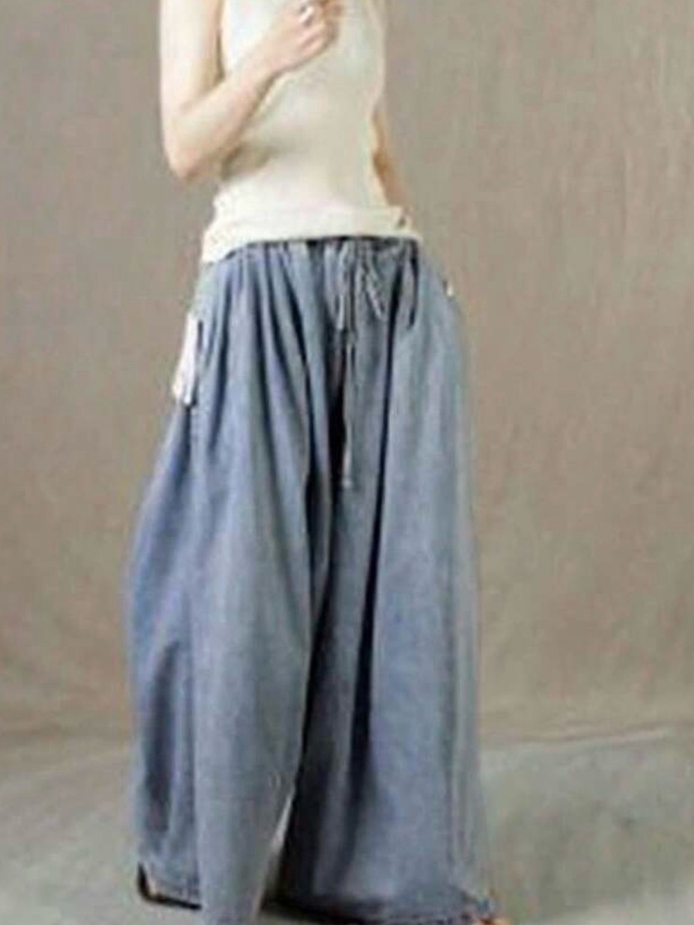Light Wash Wide Leg Drawstring Denim Pants - Picture 3 of 5